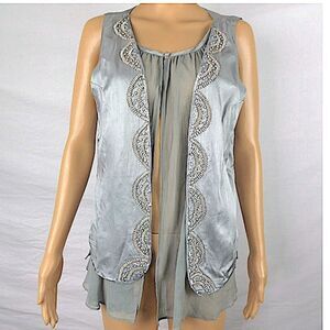 Olivia and Grace Pewter Open Front Blouse Ruffle Beaded Vest Single Button NWT M